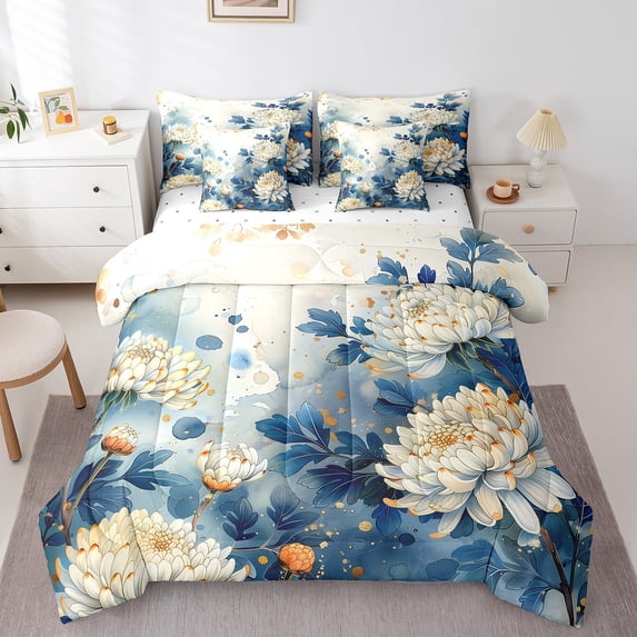 White Chrysanthemum Bedding Twin Size 7pcs Chic Floral Comforter Set,Spring Garden Bedding Comforter Sets Watercolor Style Bed in a Bag Plant Botanical Bed Sheets Set,Breathable