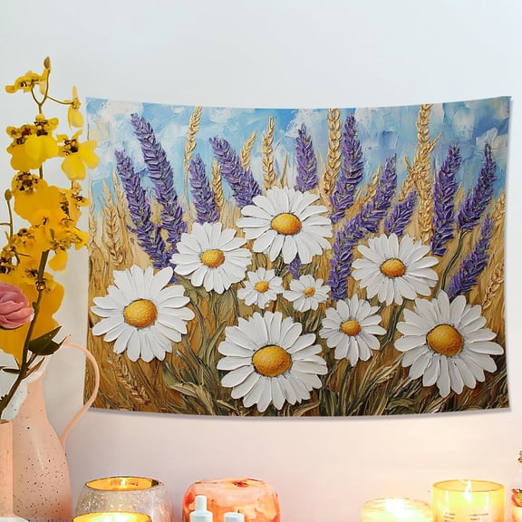 White Chrysanthemum and Lavender Floral Tapestry, Bohemian Wall Art for Spring Home Decor, Aesthetic Room Hanging for Living Room, Bedroom, Dorm 40x30 Inch