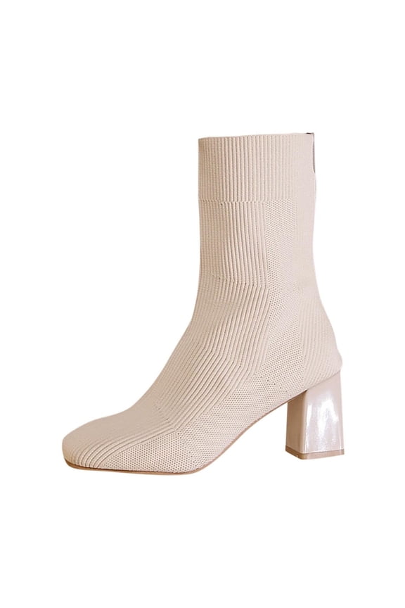 White Chunky Heel Ankle Boots For Ladies Knitted Elastic Round Toe Mid Calf Casual Winter Mesh Boots
