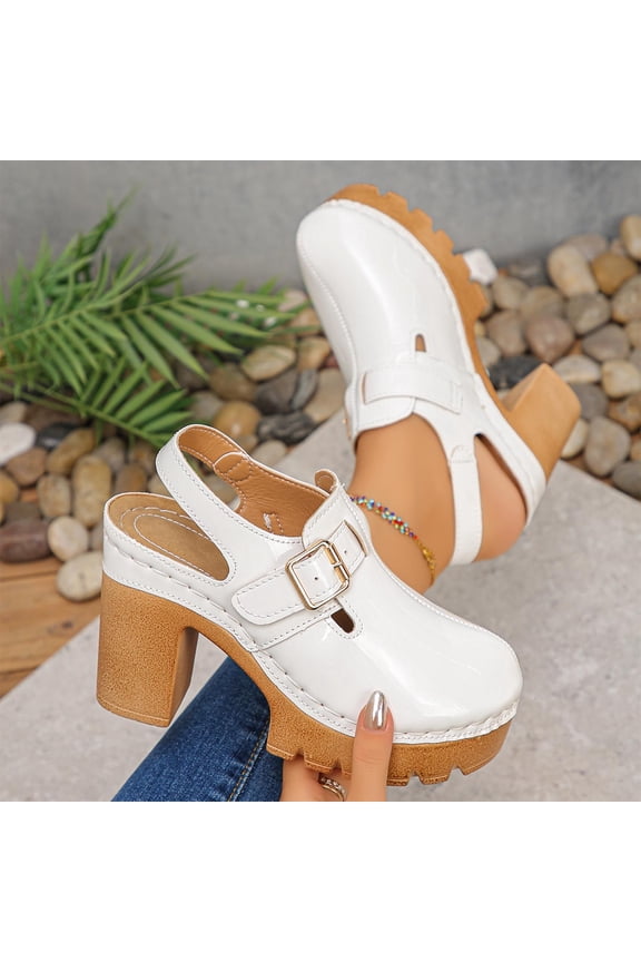 White Chunky Platform Clogs for Women Mary Jane Heels Retro Faux Faux Leather Shoes Non-Slip Adjustable Buckle,Size 36