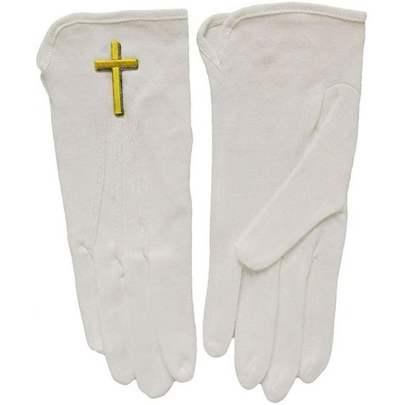 White Church Gloves with Large Gold Cross -Small
