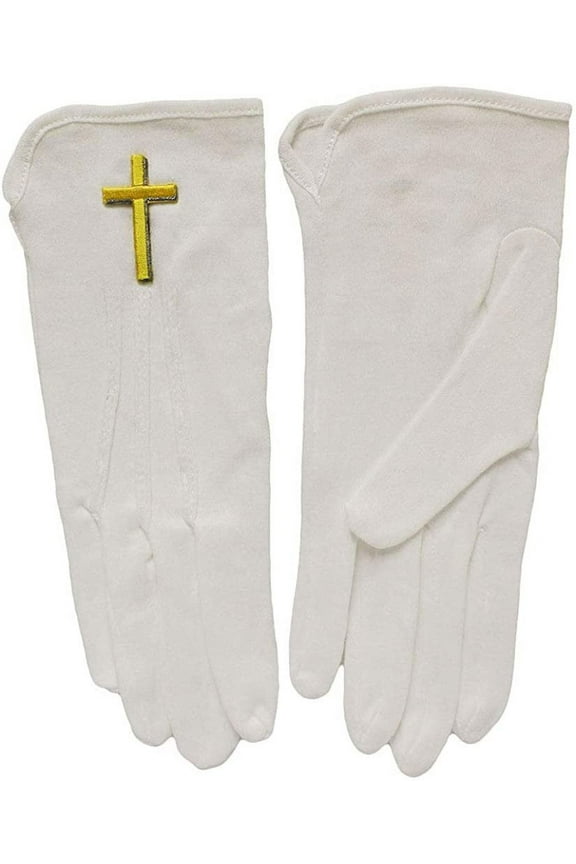 White Church Gloves with Large Gold Cross -Small