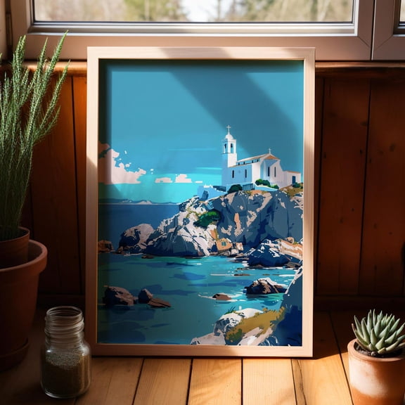 White Church on Rocky Island Vector Style Blue Sea Santorini Blue Aegean Art, Unframed Canvas