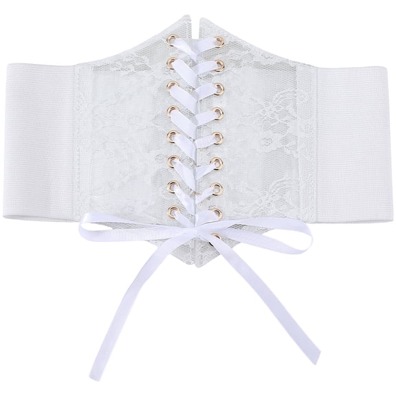 White Cinch Corset Lace Up Waist Belt Leather Vintage Boho Tie Wrap Wide Lace Elastic Trendy Waistband Belts Bulk for Women Dresses