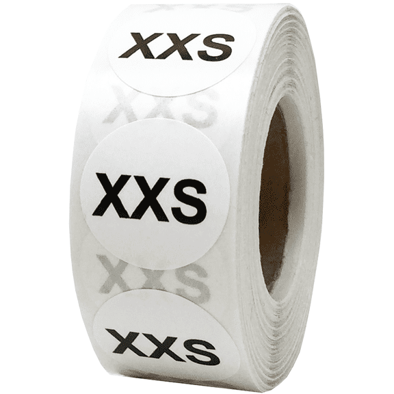 White Circle Extra Extra Small XXS Clothing Size Stickers, 3/4 Inch Round, 500 Labels on a Roll