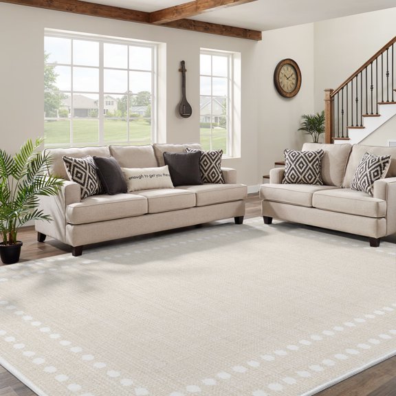 White Circle Square Frames Living Room Area Rug 6x9ft, Washable Non-Slip Low Pile Rug Retro Linen Background Soft Non-Slip Carpet, Indoor Carpet for Entryway Bedside Dorm
