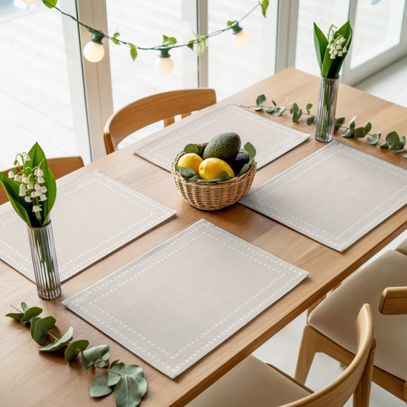 White Circle Square Frames Placemats Set of 4,Wipeable Washable Table Mats for Dining Tables, Retro Linen Background Place Mats for Kitchen Event Party Tabletop Decor