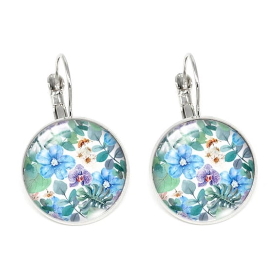 White Circular Blue Floral Earrings Leverback Earrings