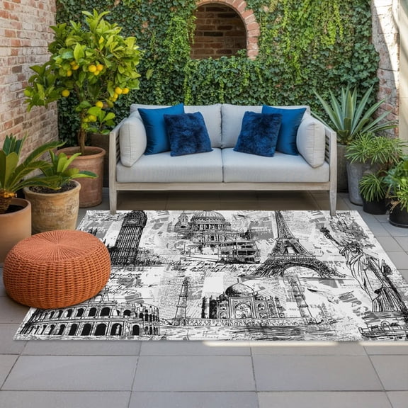 White City Indoor Outdoor Rugs 3x5 Ft, Retro Modern Abstract White Grey Architecture Outdoor Patio Rugs Mat Washable Outside Area Rugs Carpet for Porch Deck RV Camping Pool Balcony Backyard