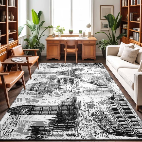 White City Washable Area Rug 9 x 12 ft Retro Modern Abstract White Grey Architecture, Soft Non Slip Rugs Stain Repellent Indoor Felt Carpet for Living Dining Room Bedroom Home Office