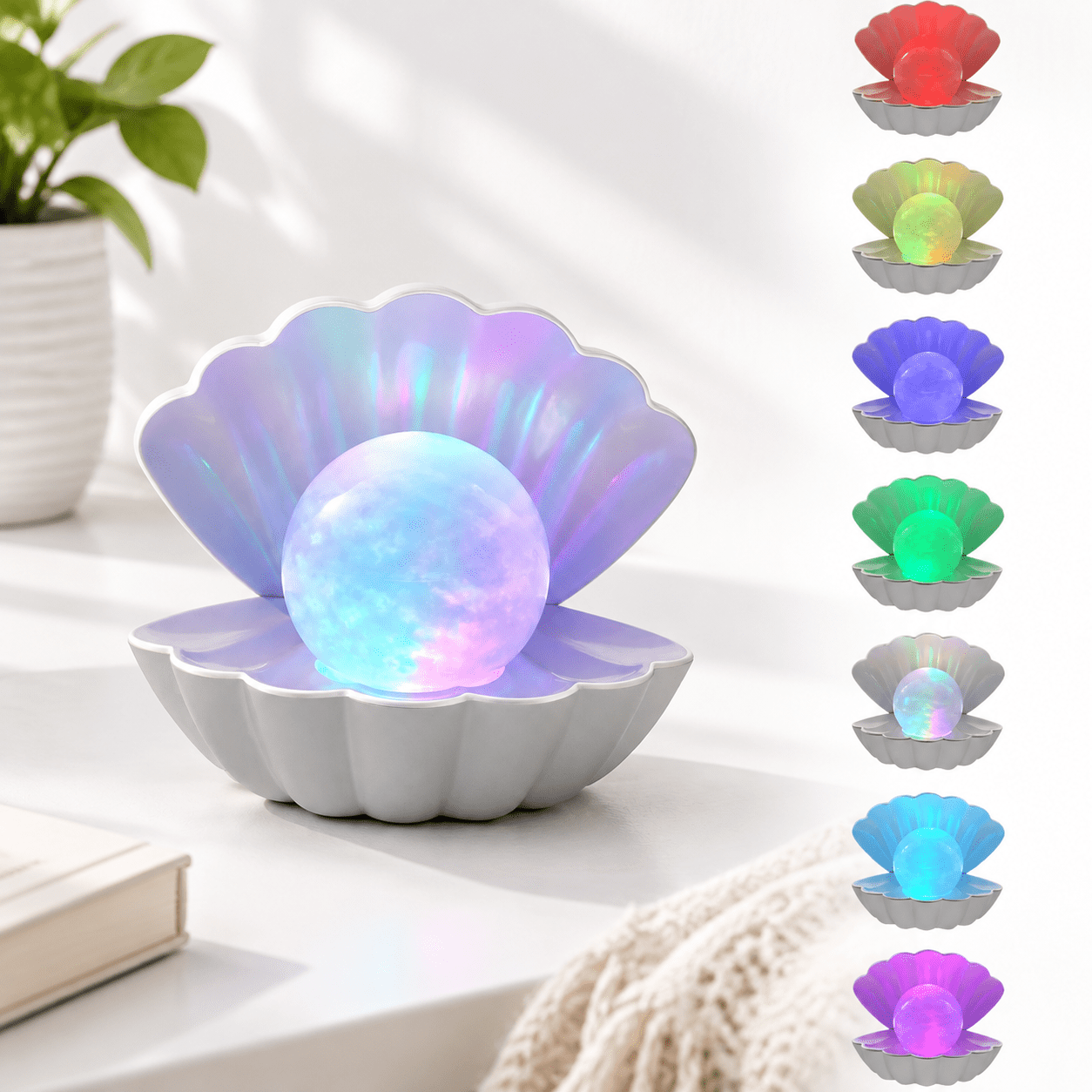 White Clamshell Themed LED Night Light, 8 Color RGB Changing Mood Lamp ...