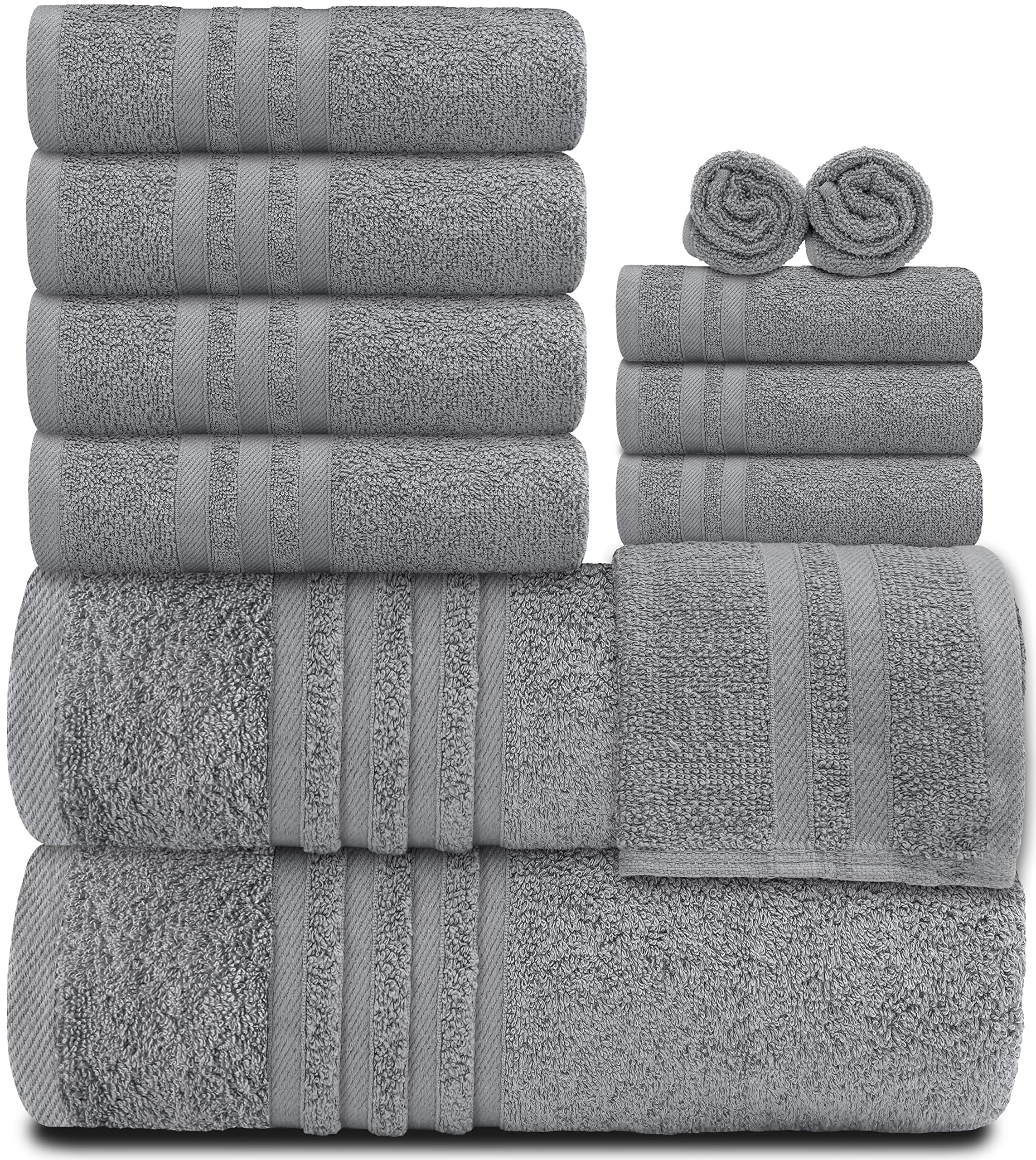 White Classic 12 Piece Bath Towel Set for Bathroom - Wealuxe Collection 2 Bath Towels, 4 Hand Towels, 6 Washcloths 100% Cotton Soft and Plush Highly Absorbent, Soft Towel for Hotel & Spa - Light Gray - Walmart.com