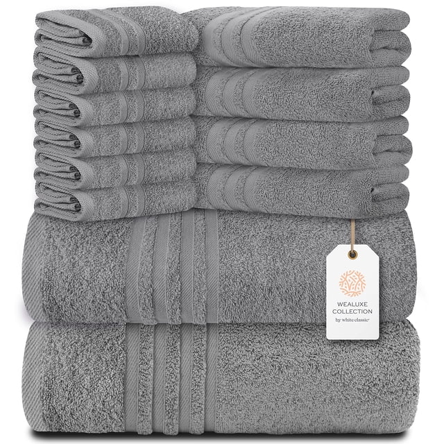 White Classic 12 Piece Bath Towel Set for Bathroom - Wealuxe Collection ...