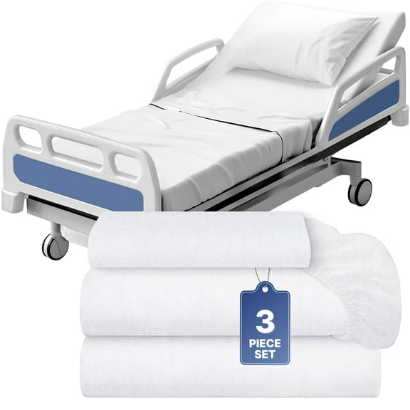 White Classic 3 Piece Hospital Bed Sheet Set, Soft Jersey Knitted T-Shirt Quality, 1 Flat, 1 Fitted, 1 Pillowcase