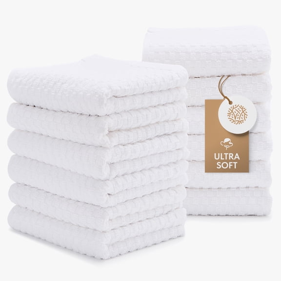 White Classic Absorbent Kitchen Towels 12 Pack - Premium 100% Cotton Dish Towels, 450GSM Thick Machine Washable Kitchen Cloth for Drying, Cleaning, Dobby Weave, Super Quality 15x26 in - White