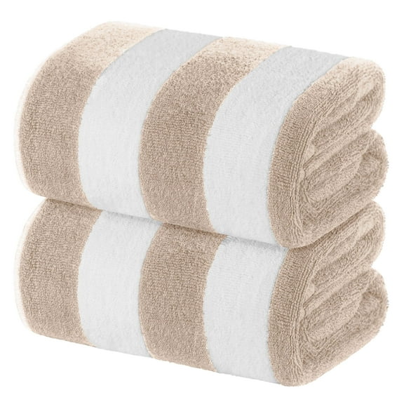 White Classic Beach Towels Oversized Cabana Stripe Cotton Bath Towel Large - Luxury Plush Thick Hotel Swim Pool Towels for Adults Super Absorbent Quick Dry - 35x70 Beige [2 Pack]