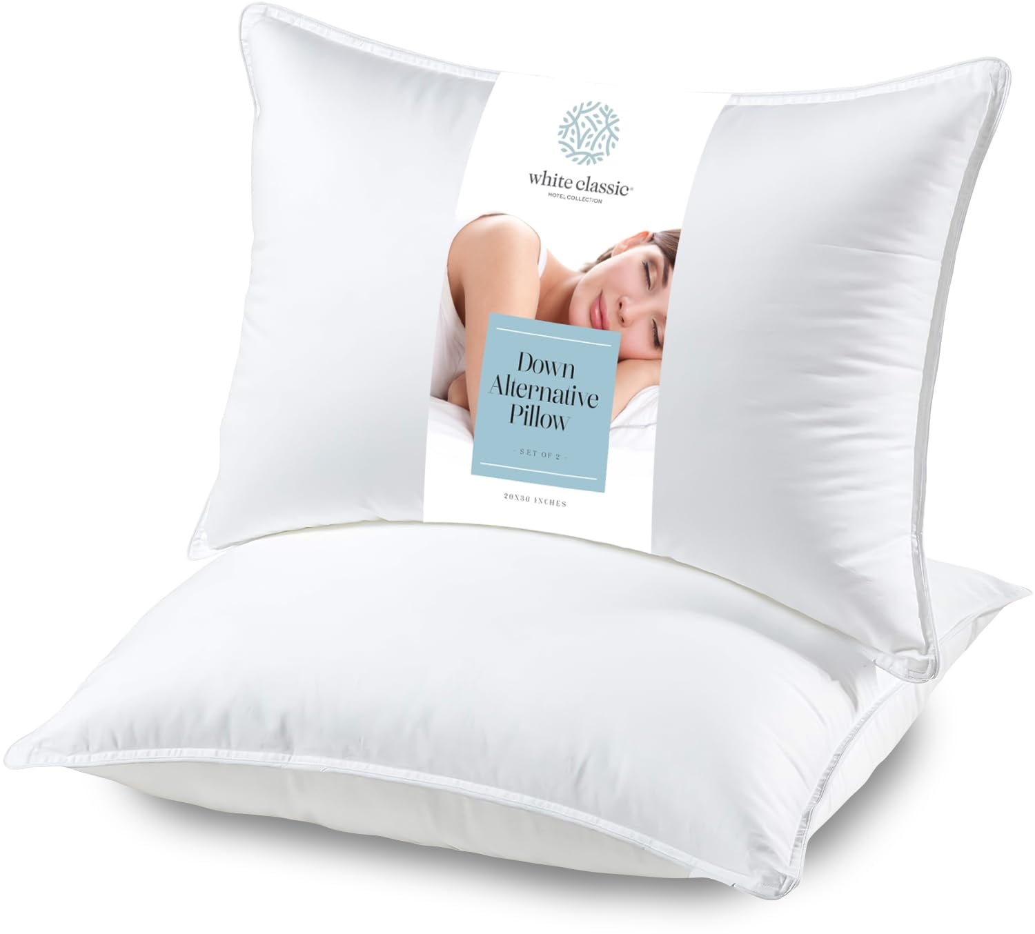 White Classic Bed Pillows for Sleeping 2 Pc Set, Queen Size Pillow Side Sleeper Set, Down Alternative Luxury Hotel Soft Pillow 28x20 Inches | 2 Pack | Queen Size