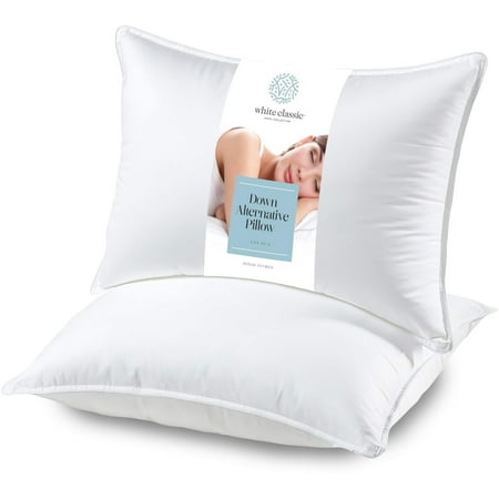 White Classic Bed Pillows for Sleeping 2 Pc Set, Queen Size Pillow Side Sleeper Set, Down Alternative Luxury Hotel Soft Pillow 28x20 Inches | 2 Pack | Queen Size