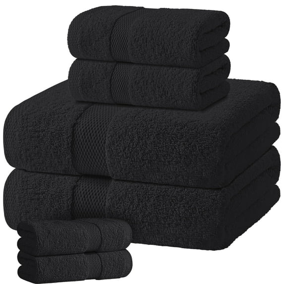 White Classic Black Bath Towel Set of 6 - 100% Cotton Highly Absorbent Towels for Bathroom, 2 Luxury Bath Towels 650GSM, 2 Hand Towels, 2 Washcloths