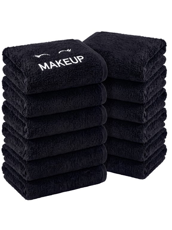 Bleach Safe Black Makeup Towels - Luxury Ultra Soft Cotton Face Makeup Washcloth for Make up Removal, Home Bathroom Black Cloth Face Towels 12 pack, Black