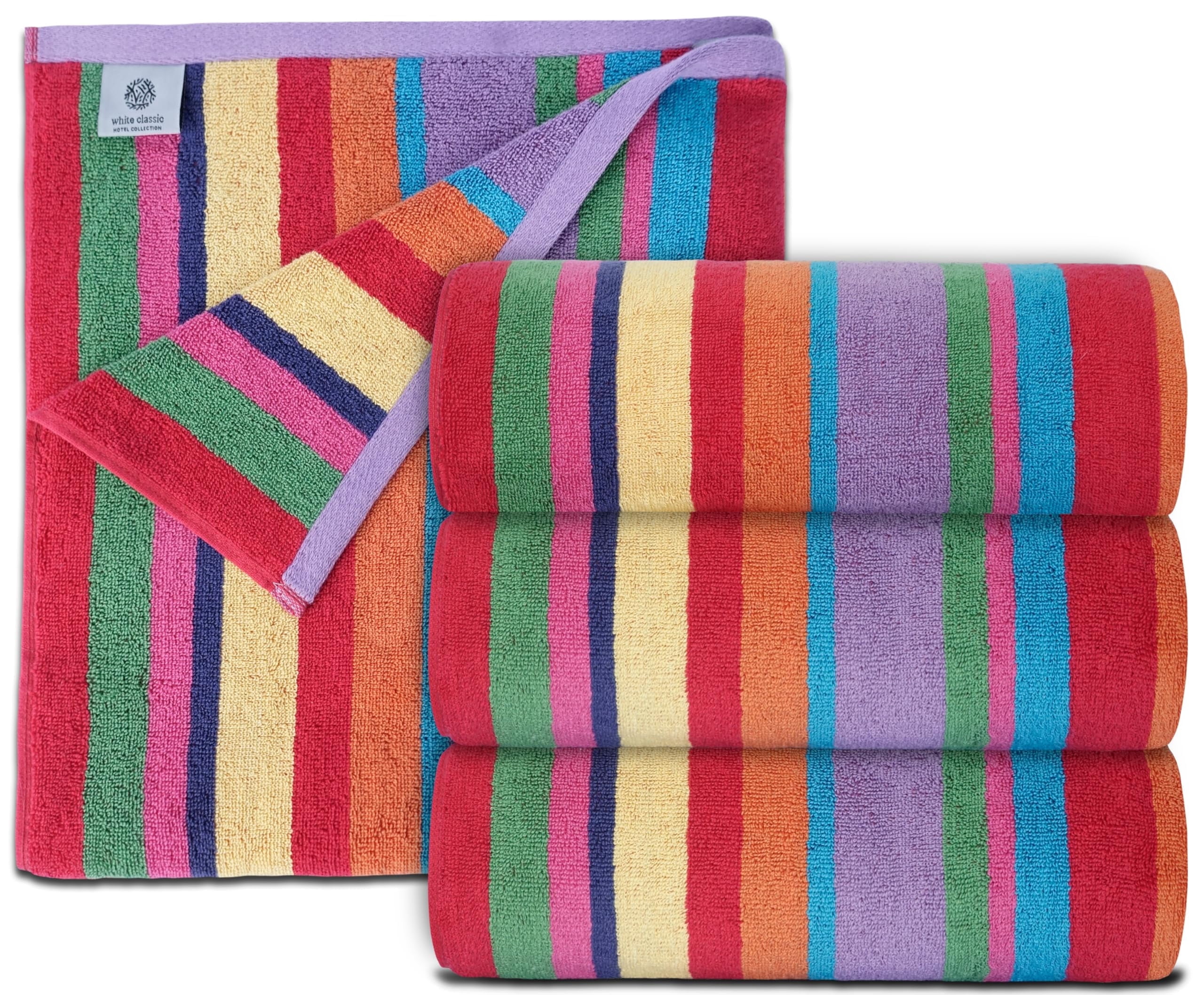 White Classic Luxury Rainbow Striped Cotton Beach Towels, 30 x 60, 4 Count