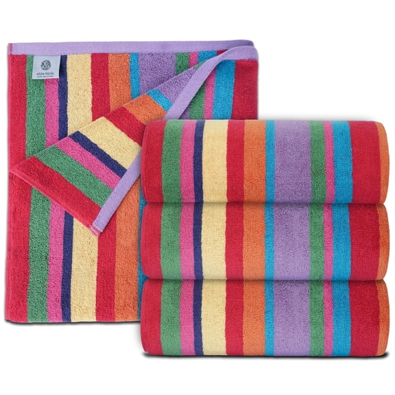 White Classic Luxury Rainbow Striped Cotton Beach Towels, 30 x 60, 4 Count