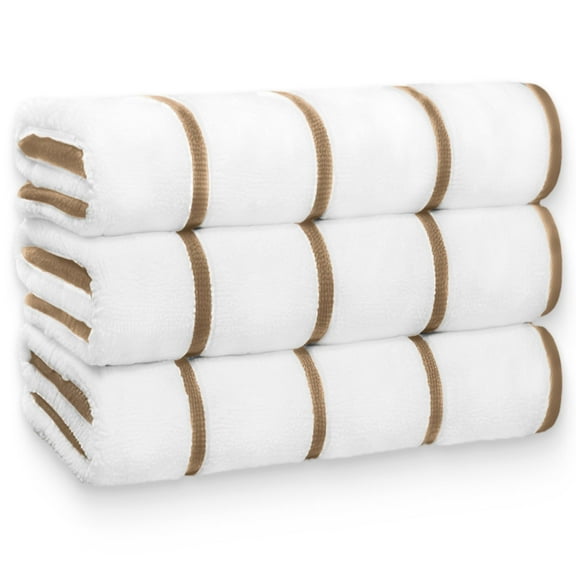 White Classic Cotton Pool Towels Oversized 35 x 70 Inches, Ultra Absorbent and Low Lint Striped Beach Towels for Adults, Stripes Design Luxury Extra Large Bath Towels, Cream Beige, 3 Pack