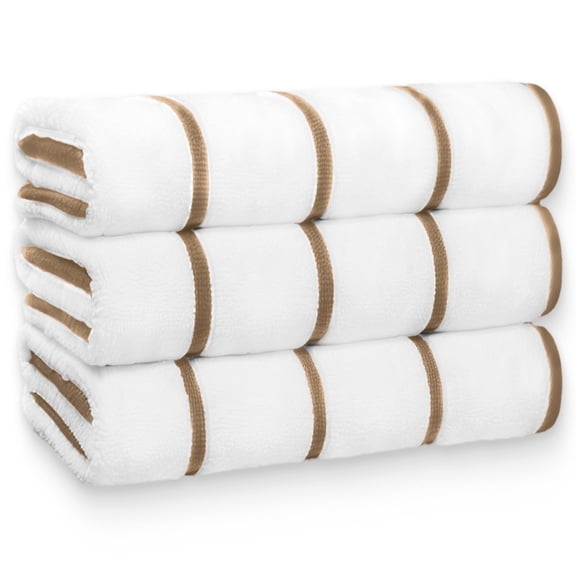 White Classic Luxury Striped Cotton Pool Towels, Cream Beige, 35 x 70, 3 Pack