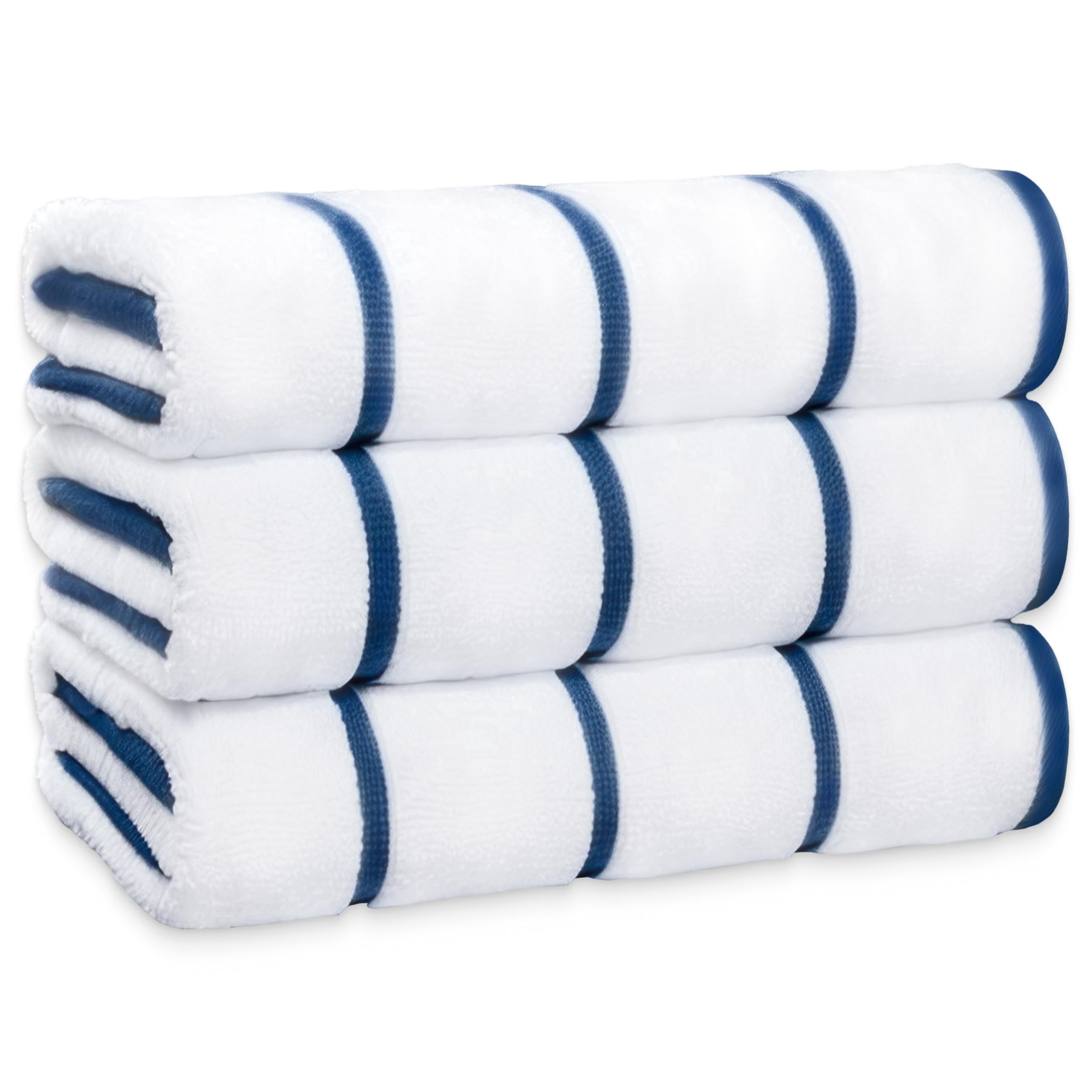 White Classic Luxury Navy Blue Striped Cotton Beach Towels, 35 x 70, 3 Count