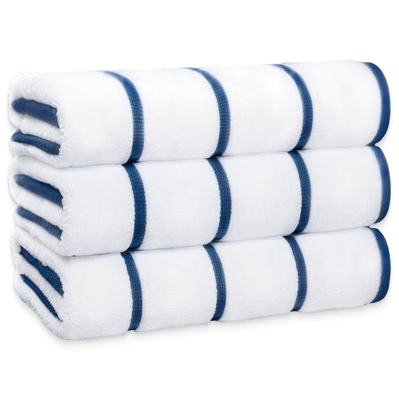 White Classic Luxury Navy Blue Striped Cotton Beach Towels, 35 x 70, 3 Count
