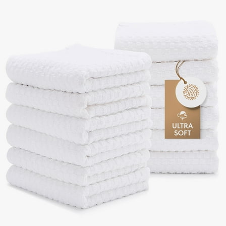White Classic Absorbent Kitchen Towels 12 Pack - Premium 100% Cotton Dish Towels, 450GSM Thick Machine Washable Kitchen Cloth for Drying, Cleaning, Dobby Weave, Super Quality 15x26 in - White