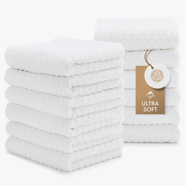 White Classic Dish Towel Set, 12 Pack Kitchen Dish Hand Towels 100% Cotton Dobby Weave, 410 GSM Absorbent Kitchen Hand Towels, Washable Terry  Home Cleaning Cloth |15x26 inch | White | 12 Pack