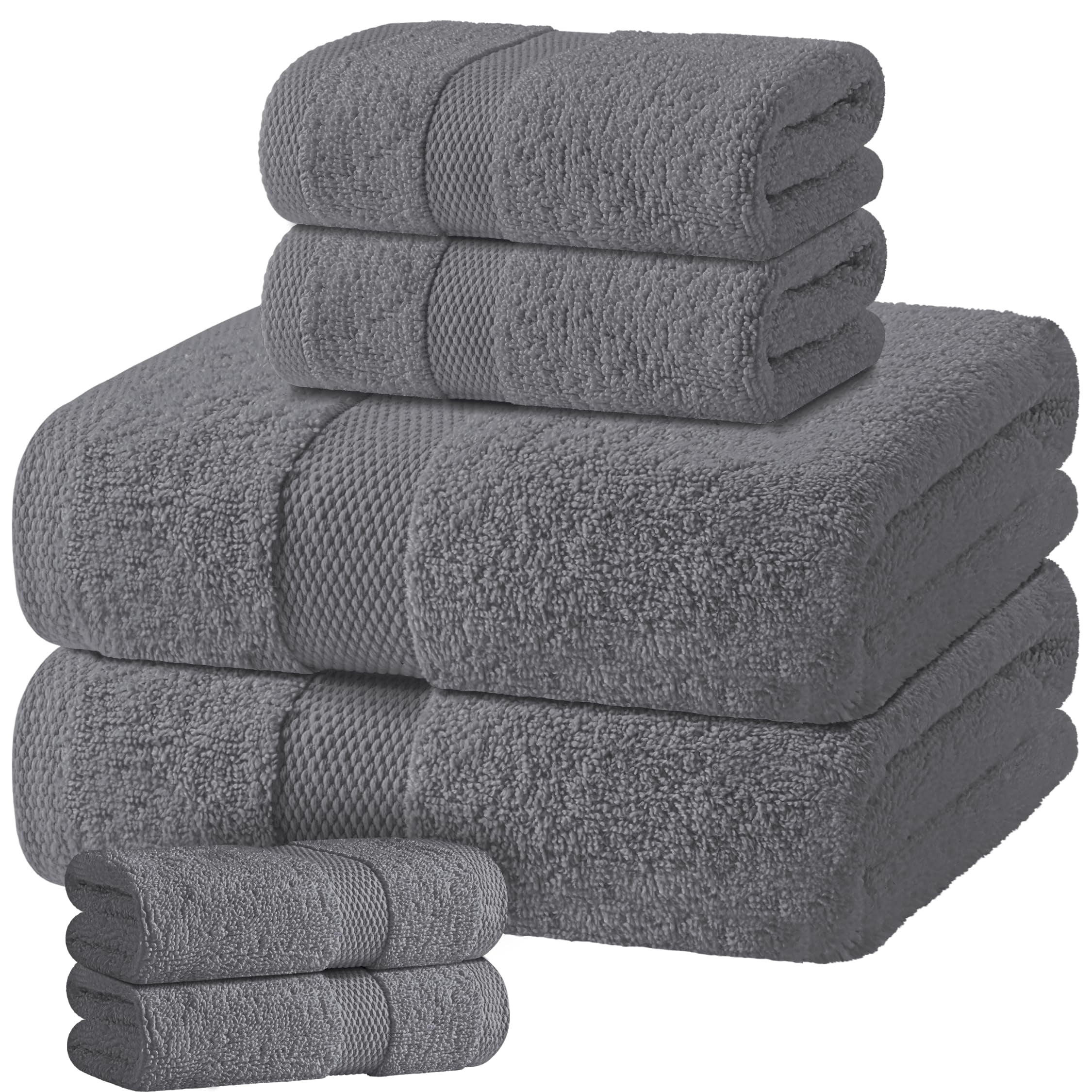 White Classic Gray Bath Towel Set of 6 - 100% Cotton Highly Absorbent Towels for Bathroom, 2 Luxury Bath Towels 650GSM, 2 Hand Towels, 2 Washcloths