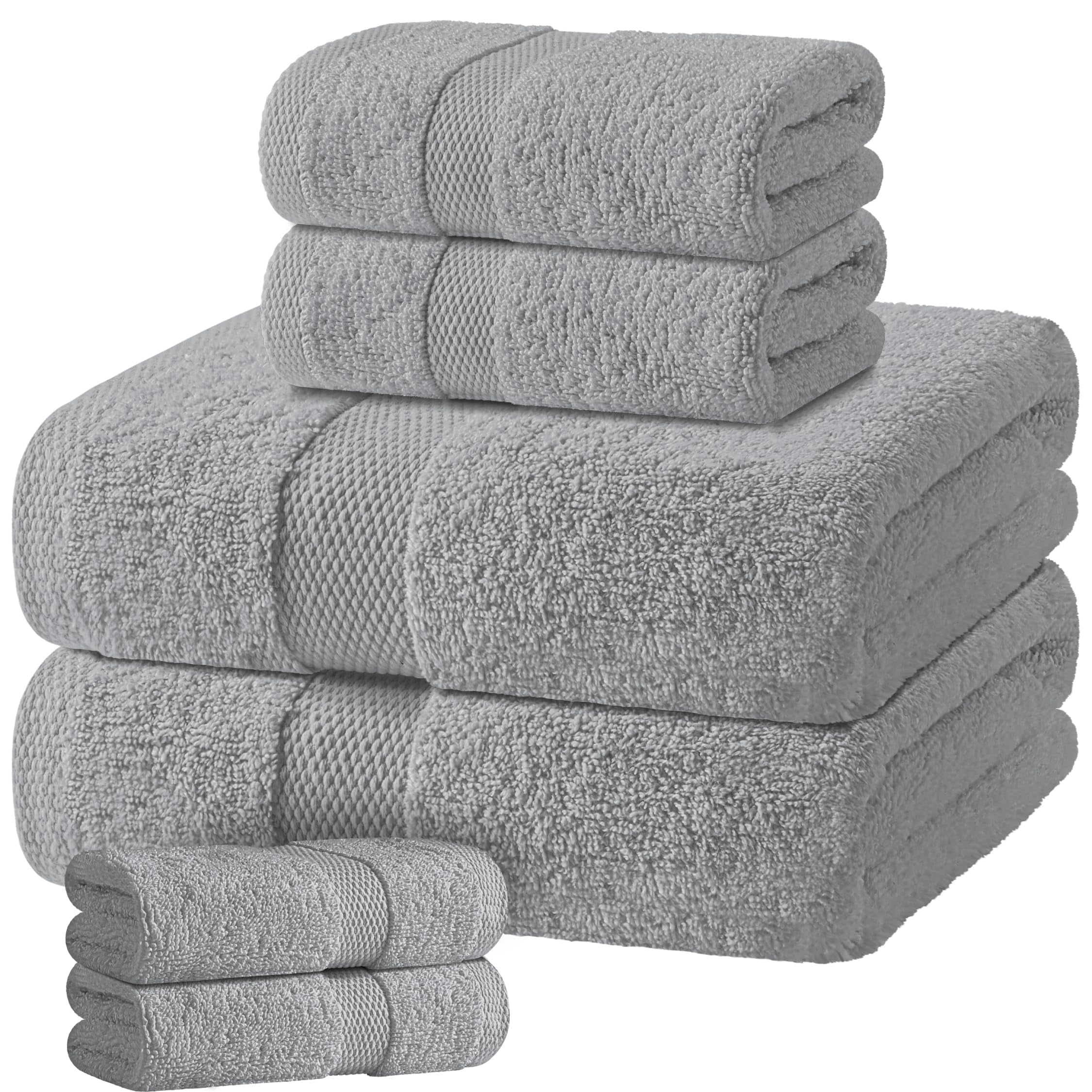 White Classic Light Gray Bath Towel Set of 6 - 100% Cotton Highly Absorbent Towels for Bathroom, 2 Luxury Bath Towels 650GSM, 2 Hand Towels, 2 Washcloths