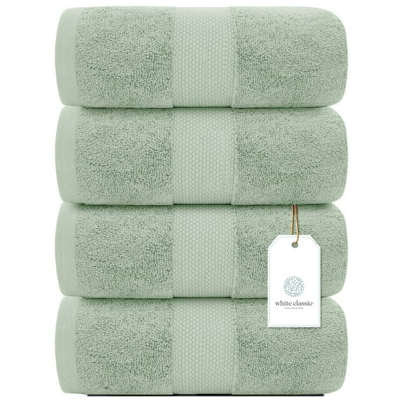 White Classic Luxury Bath Towels Large - Cotton Hotel spa Bathroom Towel |30x56 | 4 Pack | Green