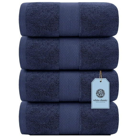 White Classic Luxury Bath Towels Large - Cotton Hotel spa Bathroom Towel |30x56 | 4 Pack | Navy Blue