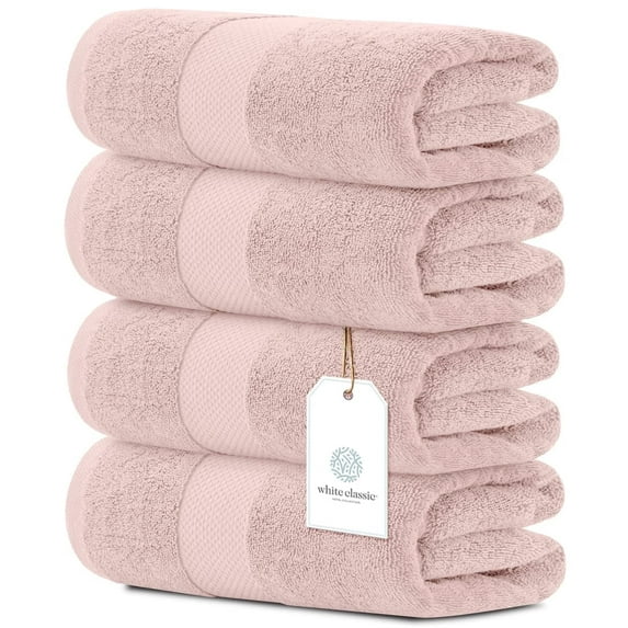 White Classic Luxury Bath Towels Large Pack of 4, Hotel Quality Bathroom Towel 27 x 54 Set, Pink Shower Cotton Towels 4 Pack, Large Thick Plush Bath Towels 700 Gsm For Body, Hair, Pool, Gym, Rose