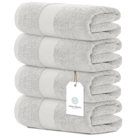 White Classic Hotel Collection 700 Gsm Turkish Cotton Bath Towels, Bathroom Towels Set, Silver, 27 x 54, 4 Pack
