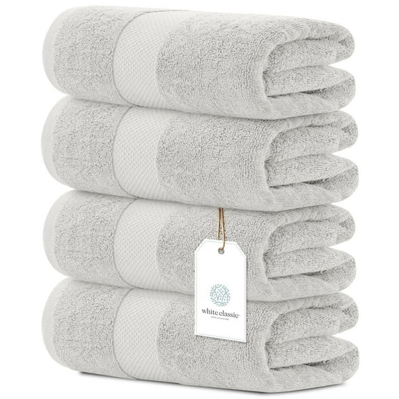 White Classic Luxury Bath Towels Large Pack of 4, Hotel Quality Bathroom Towel 27 x 54 Set, Silver Shower Cotton Towels 4 Pack, Large Thick Plush Bath Towels 700 Gsm For Body, Hair, Pool, Gym, Silver