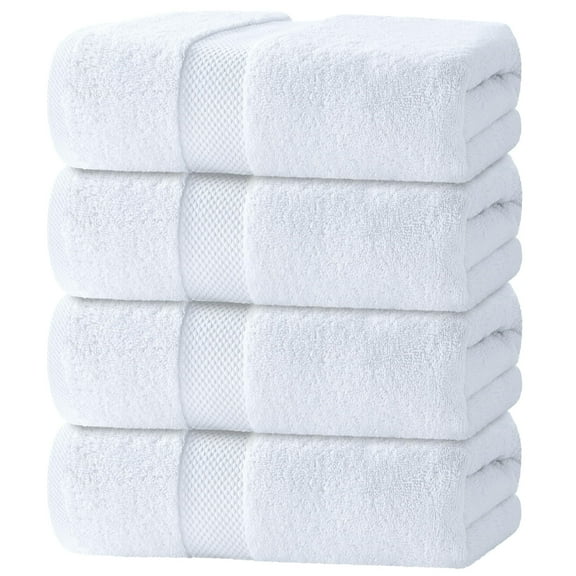 White Classic Luxury Bath Towels Large Pack of 4, Hotel Quality Bathroom Towel Set 27 x 54, White Shower Cotton Towels 4 Pack, Large Thick Plush Bath Towels 700 Gsm For Body, Hair, Pool, Gym, White