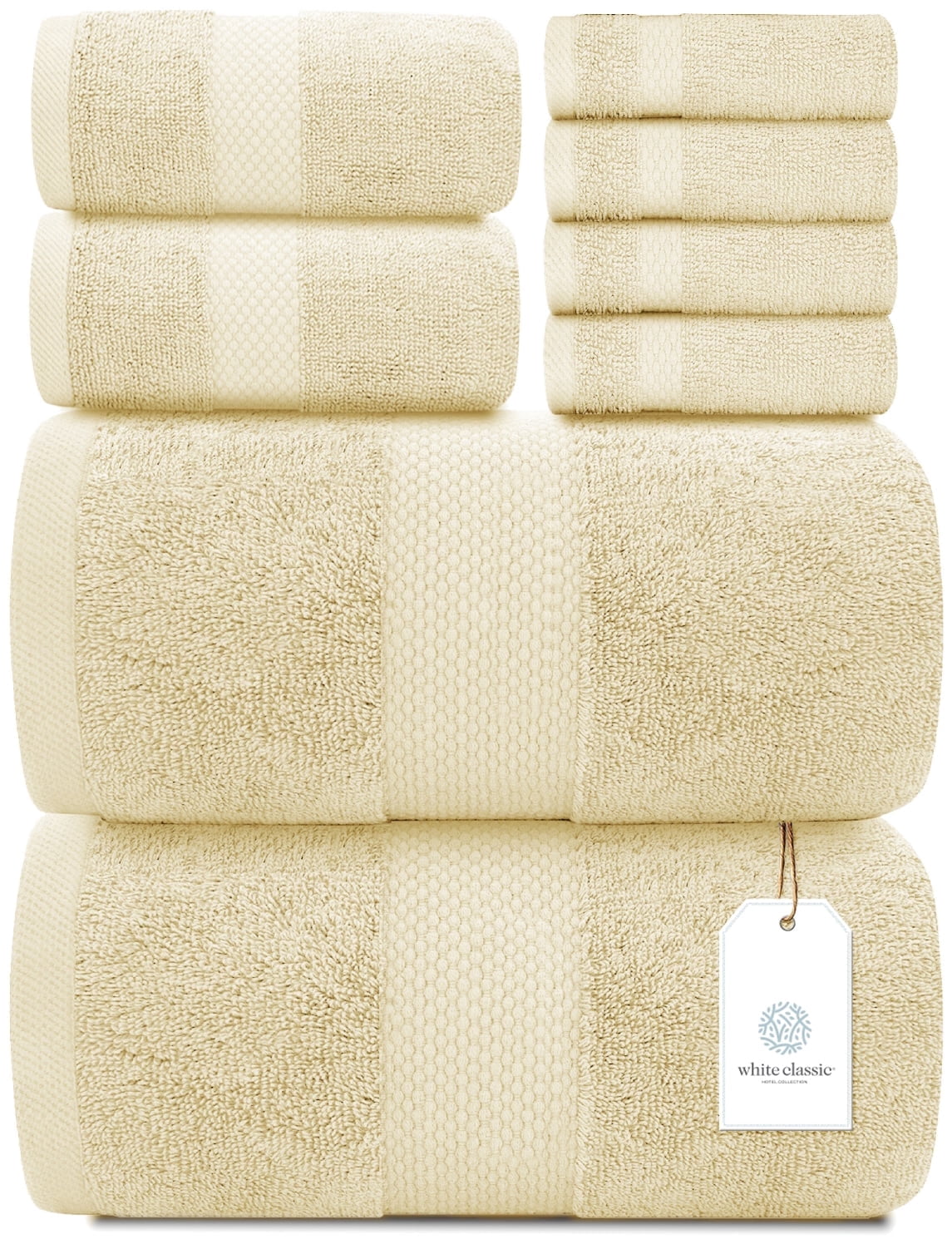 White Classic Hotel Collection Luxury 8-Piece 100% Turkish Cotton Towel Set, Beige