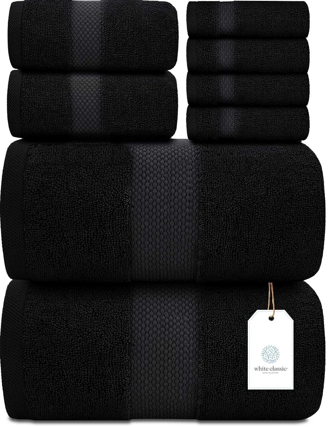 White Classic Hotel Collection Luxury 8-Piece 100% Turkish Cotton Towel Set, Black