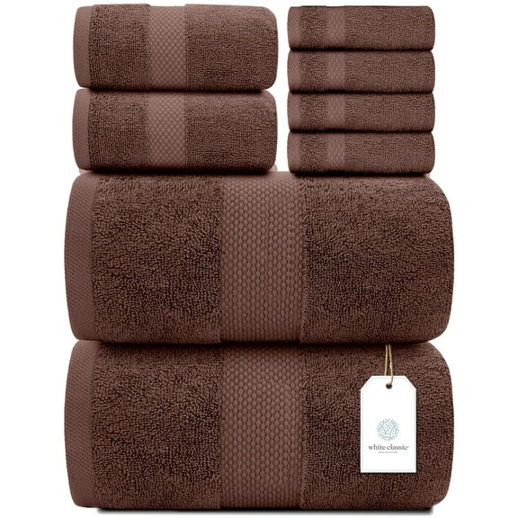 White Classic Luxury Brown Bath Towel Set - Hotel Soft Cotton 2/Bath 2/Hand 4/Wash - 8 Piece