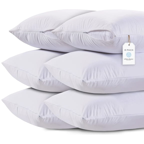 White Classic Luxury Collection 200 Thread Count Cotton Zippered Pillow Protectors, White, King, 6 Count