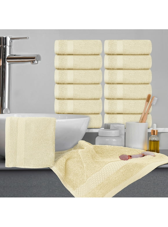 White Classic Luxury Cotton 12 Pc Washcloth Set, Hotel Style Small Bath Towel and Face Cloth 13x13, Beige Soft Plush Washcloth Pack of 12, Thick High Absorbent Wash Clothes, Bathroom Face Towels