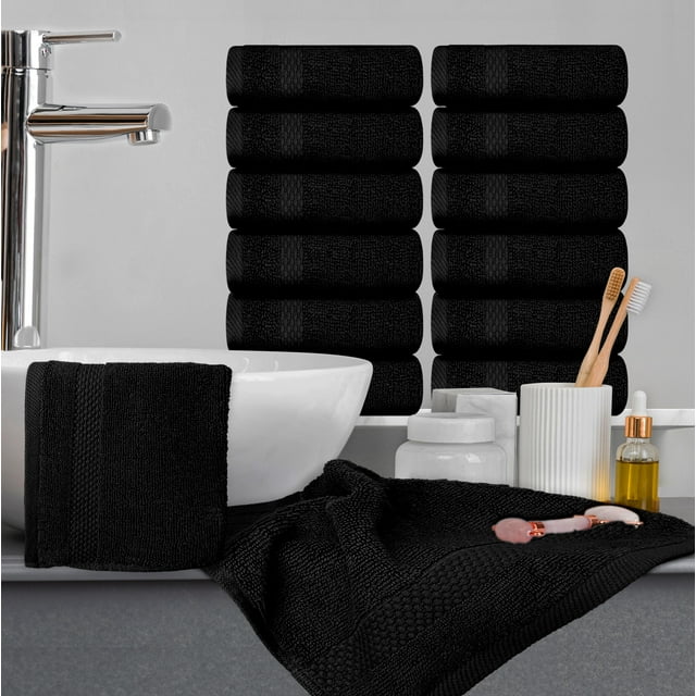 White Classic Luxury 12 Pc Washcloth Set, Everyday Large Black Hotel
