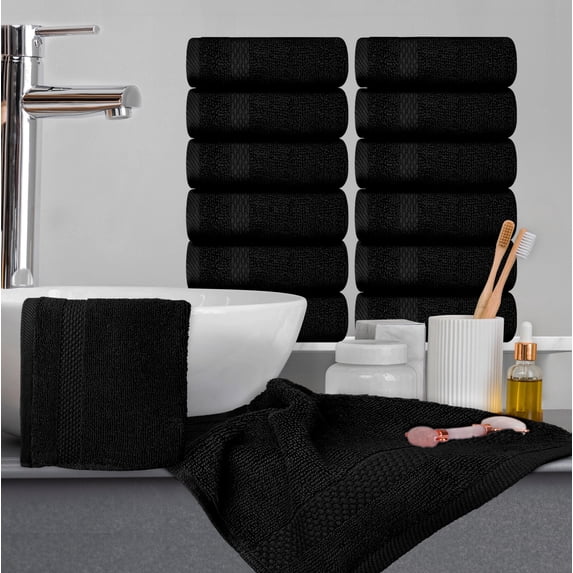 White Classic Hotel Collection Soft Cotton Washcloth Set, Small Bath Towels and Face Cloths, Black, 13 x 13, 12 Pack