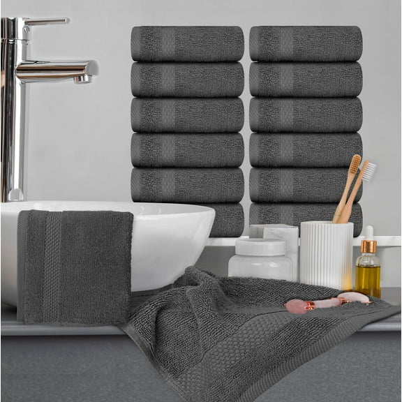 White Classic Luxury Cotton 12 Pc Washcloth Set, Hotel Style Small Bath Towel and Face Cloth 13x13, Dark Gray Soft Plush Washcloth Pack of 12, Thick Quick Dry Wash Clothes, Bathroom Face Towels