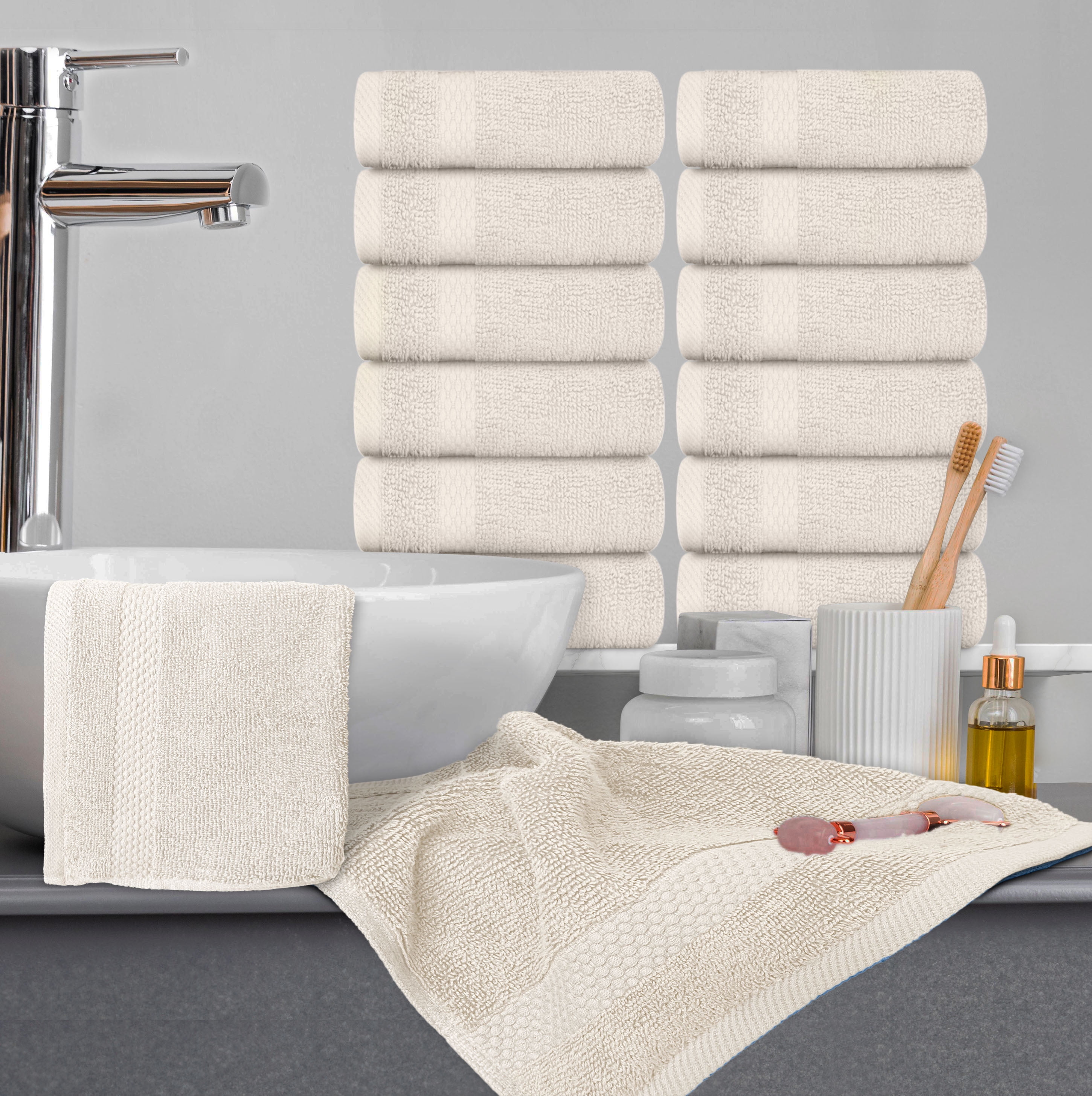 White Classic Luxury Cotton 12 Pc Washcloth Set, Hotel Style Small Bath
