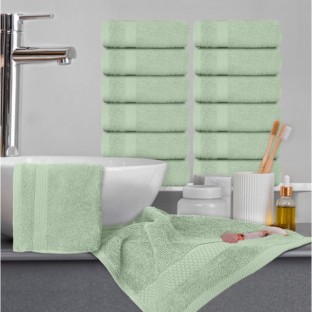 White Classic 12 Pc Luxury Cotton Washcloth Set, Hotel Style, Light